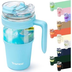 imageTronco 40 oz Glass Tumbler with Handle Bamboo Lid and Straw Fits Cup Holders Reusable Glass Water Bottles for Iced Coffee and Smoothie LeadFree BPAFreeskyblue