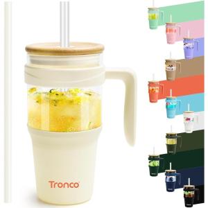 imageTronco 40 oz Glass Tumbler with Handle Bamboo Lid and Straw Fits Cup Holders Reusable Glass Water Bottles for Iced Coffee and Smoothie LeadFree BPAFreeCreamBamboo