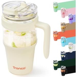 imageTronco 40 oz Glass Tumbler with Handle Bamboo Lid and Straw Fits Cup Holders Reusable Glass Water Bottles for Iced Coffee and Smoothie LeadFree BPAFreeCream