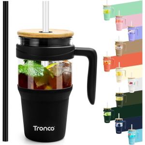 imageTronco 40 oz Glass Tumbler with Handle Bamboo Lid and Straw Fits Cup Holders Reusable Glass Water Bottles for Iced Coffee and Smoothie LeadFree BPAFreeBlackBamboo