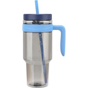 imageTronco 50 oz Tritan Plastic Tumbler with Lid and Straw BPAFree Reusable Clear Water Bottle with Time Marker 100 Leak Proof ampamp Wide Mouth for Iced Coffee Juice Bubble Tea SmoothiesGrayish blue