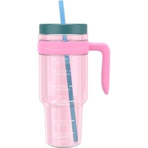 imageTronco 50 oz Tritan Plastic Tumbler with Lid and Straw BPAFree Reusable Clear Water Bottle with Time Marker 100 Leak Proof ampamp Wide Mouth for Iced Coffee Juice Bubble Tea SmoothiesFancy Lilac