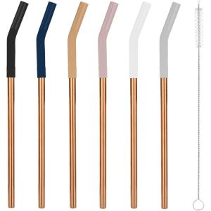 imageTronco Set of 6 Stainless Steel Reusable Metal Straws with Silicone Flex Tips Elbows Cover Metal Drinking Straws for Tronco Tumbler 6 Steel Straws6 Silicone Tips1 Straw Cleaning BrushStainless Rose Gold