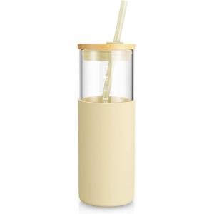 imagetronco 24 oz Glass Tumbler with Straw and Lid  Glass Cup with Lid and Straw Smoothie Cup Iced Coffee Cup  Bamboo Lid and Protective Silicone Sleeve  BPAFree Gravel Ash