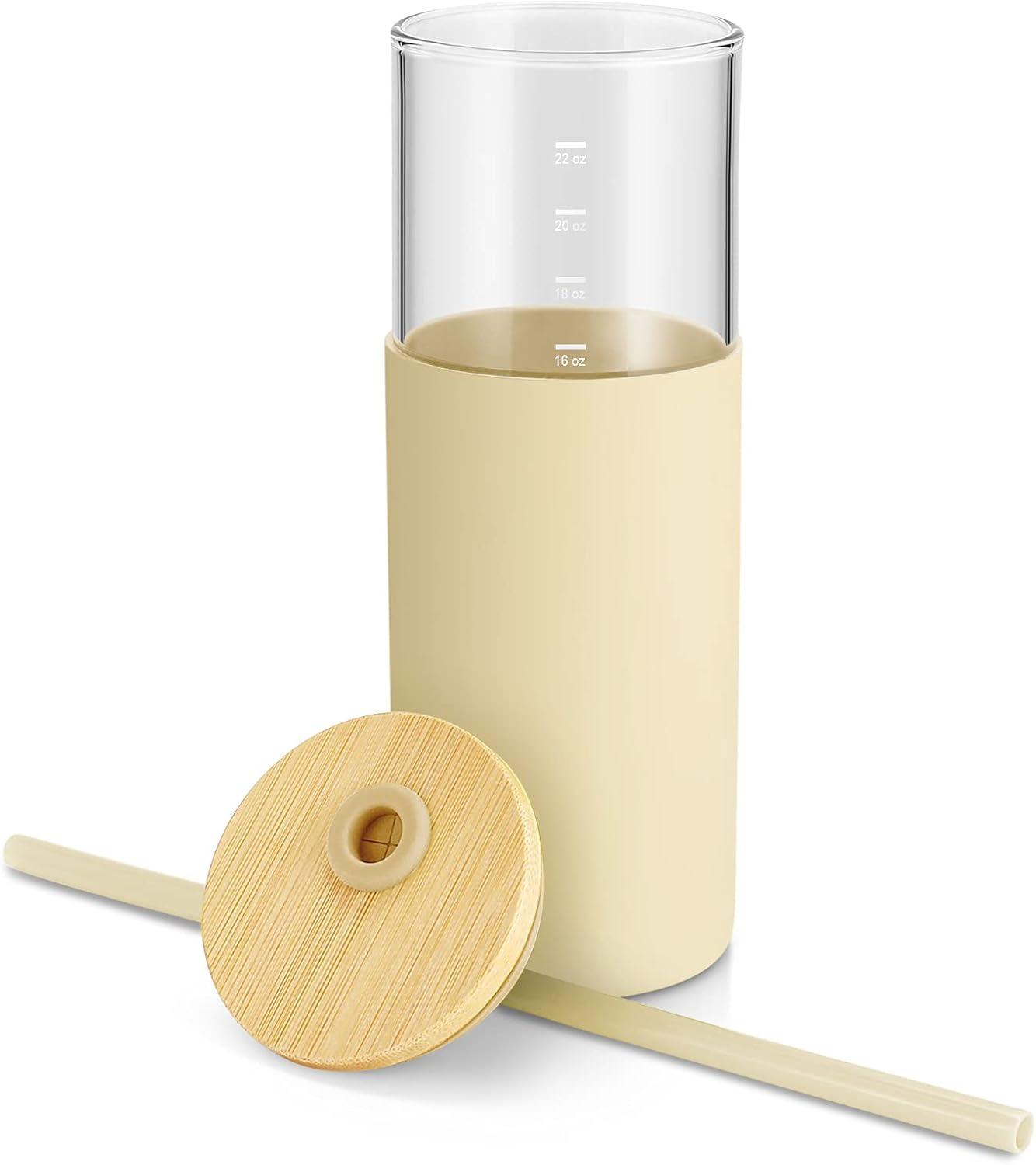 imagetronco 24 oz Glass Tumbler with Straw and Lid  Glass Cup with Lid and Straw Smoothie Cup Iced Coffee Cup  Bamboo Lid and Protective Silicone Sleeve  BPAFree Gravel Ash