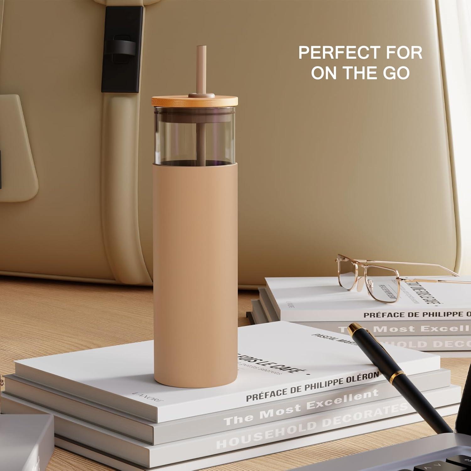 imagetronco 24 oz Glass Tumbler with Straw and Lid  Glass Cup with Lid and Straw Smoothie Cup Iced Coffee Cup  Bamboo Lid and Protective Silicone Sleeve  BPAFree Gravel Ash